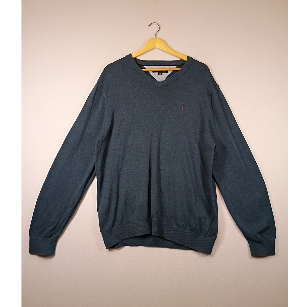 Classic Preppy Tommy Hilfiger Mens XL Blue V-Neck Cotton Knit Sweater Logo